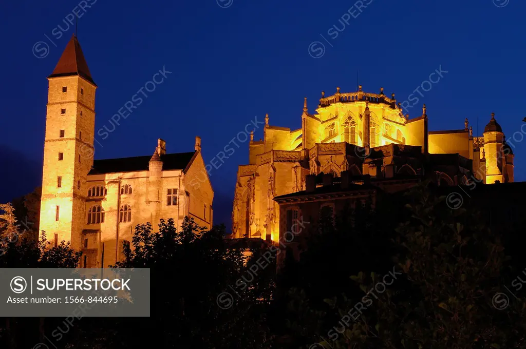 Auch, Gers department, France, Saint Mary cathedral and Armagnac tower at Dusk.