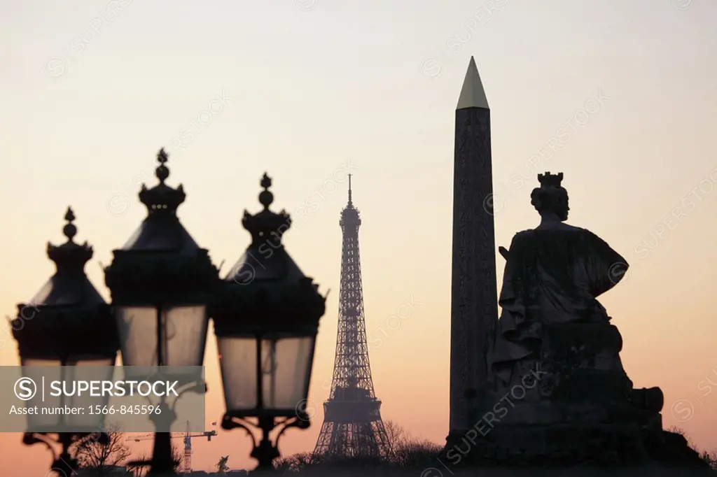 Sunset at Place de la Concorde with Eiffel Tower in the background, Paris, Île-de-France, France