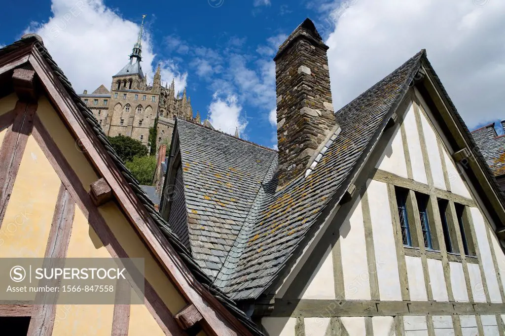 Typical and old houses with half-timbered, under Mont-Saint Michel abbey, listed as World Heritage by UNESCO, Manche department, Lower Normandie regio...