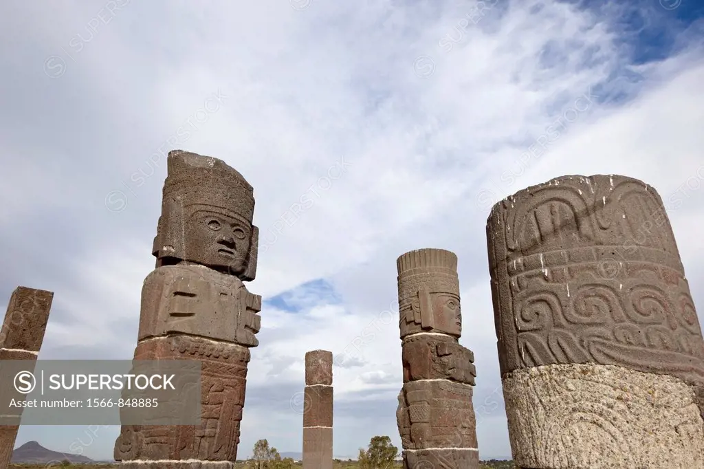 Atlantean Warrior figures face the sun on the Temple of the Morning Star in the Toltec capital city of Tula, Mexico