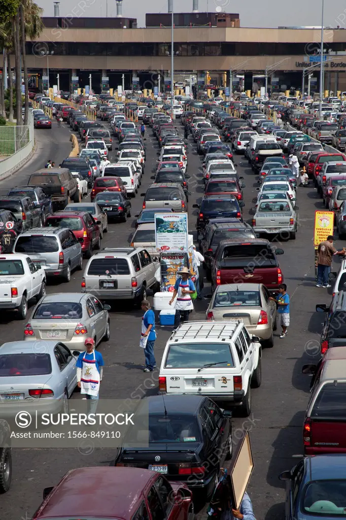 Tijuana, Mexico - Cars wait in long lines to cross the U S -Mexico border into California
