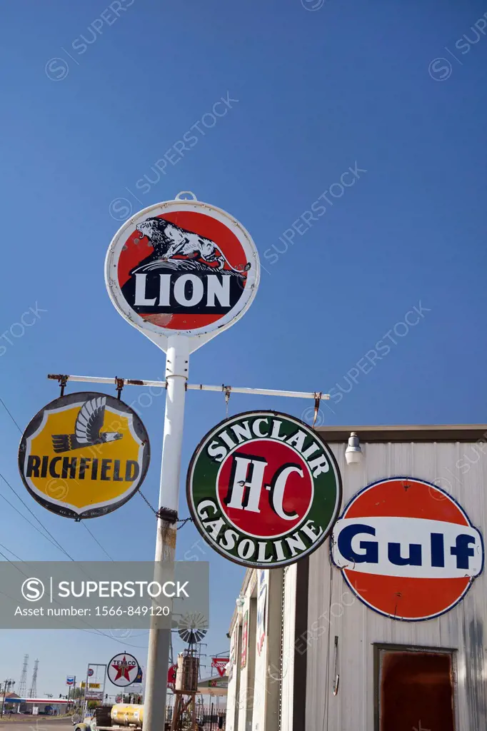 Kramer Junction, California - Old gas station signs on display at an antique dealer in the Mojave Desert