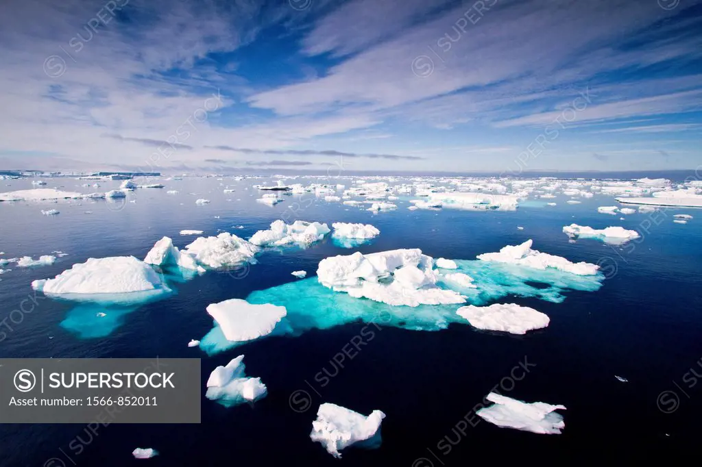 Icebergs and sea ice in the Weddell Sea on the eastern side of the Antarctic Peninsula during the summer months, Southern Ocean  MORE INFO An increasi...