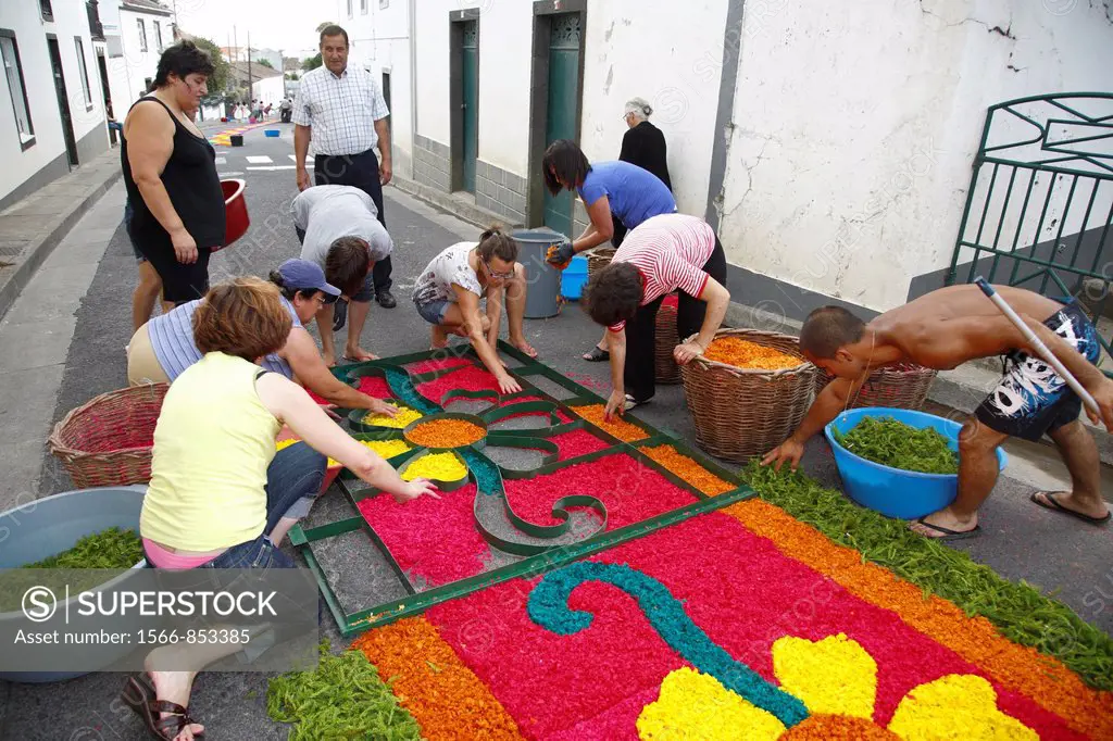 Local residents making flower carpets for the procession of Nossa Senhora da Piedade, in the parish of Ponta Garça  Sao Miguel island, Azores
