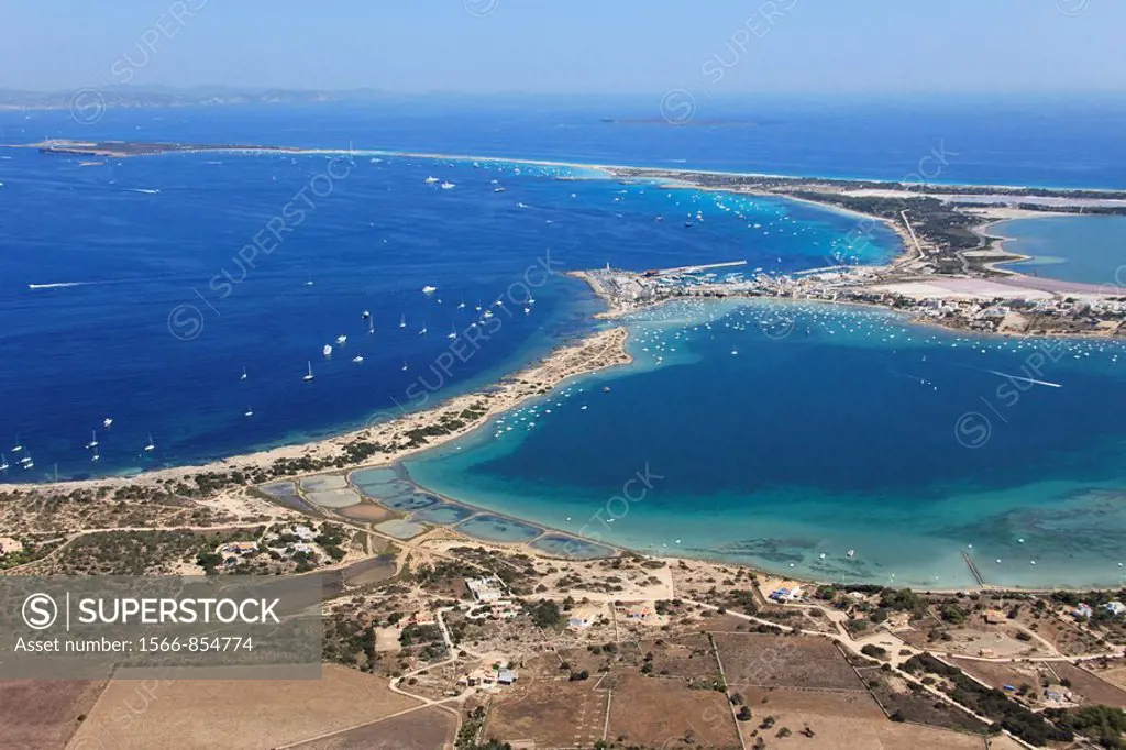 Es Savina harbor, Des Peix lagoon on the right, Formentera, Balearic Islands, Spain
