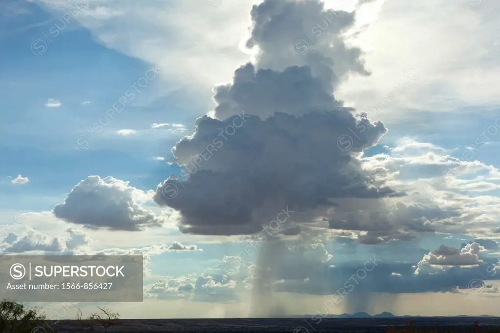 Large storm cloud dropping rain in a column with surrounding blue skies