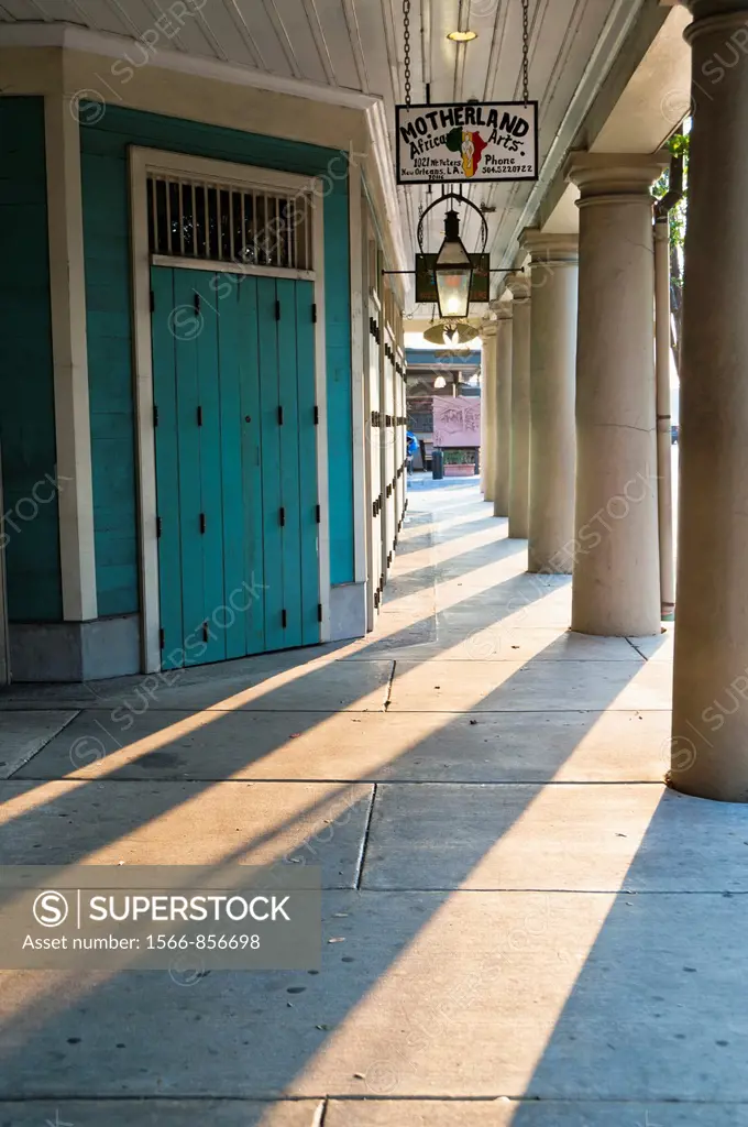 Long shadowed colonade along the French Market in the French Quarter of New Orleans