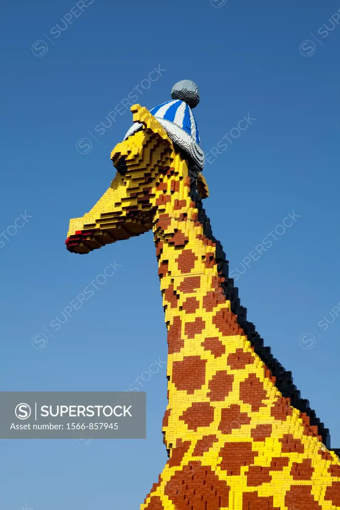 Detail, Life-size giraffe made of Lego bricks Legoland Discovery Center, Inner harbor, Duisburg, North Rhine-Westphalia, Germany, Europe