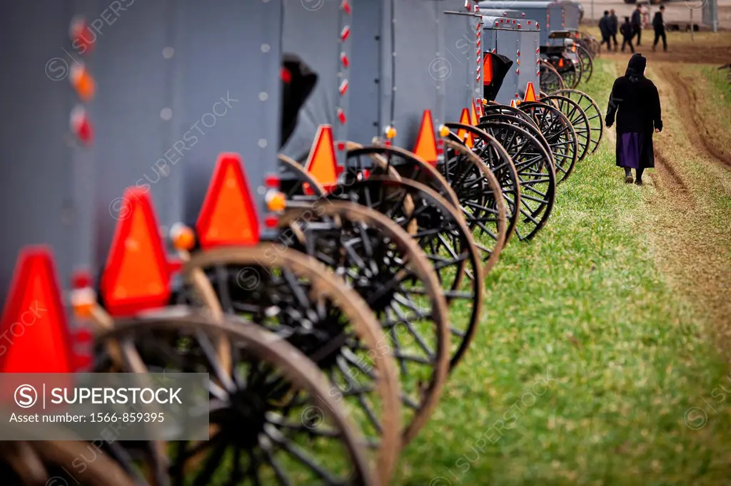 Amish women inspects horse buggies ready for auction during the Annual Mud Sale to support the Fire Department in Gordonville, PA