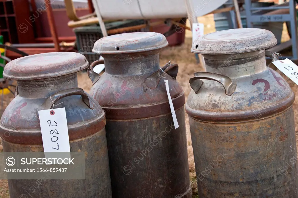 Old milk cans at auction during the Annual Mud Sale to support the Fire Department in Gordonville, PA