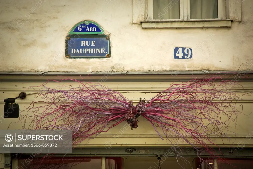Store decoration made from painted twigs above shop in Rue Dauphine, Paris, France
