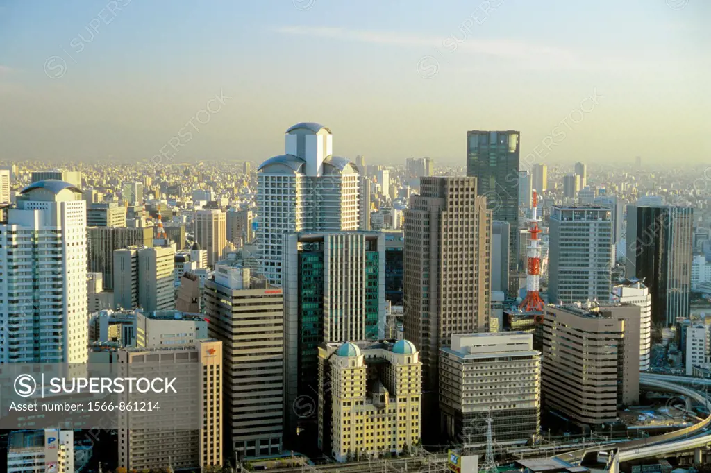 Japan, Kansai, Osaka, Kita business district general aerial panoramic view skyline
