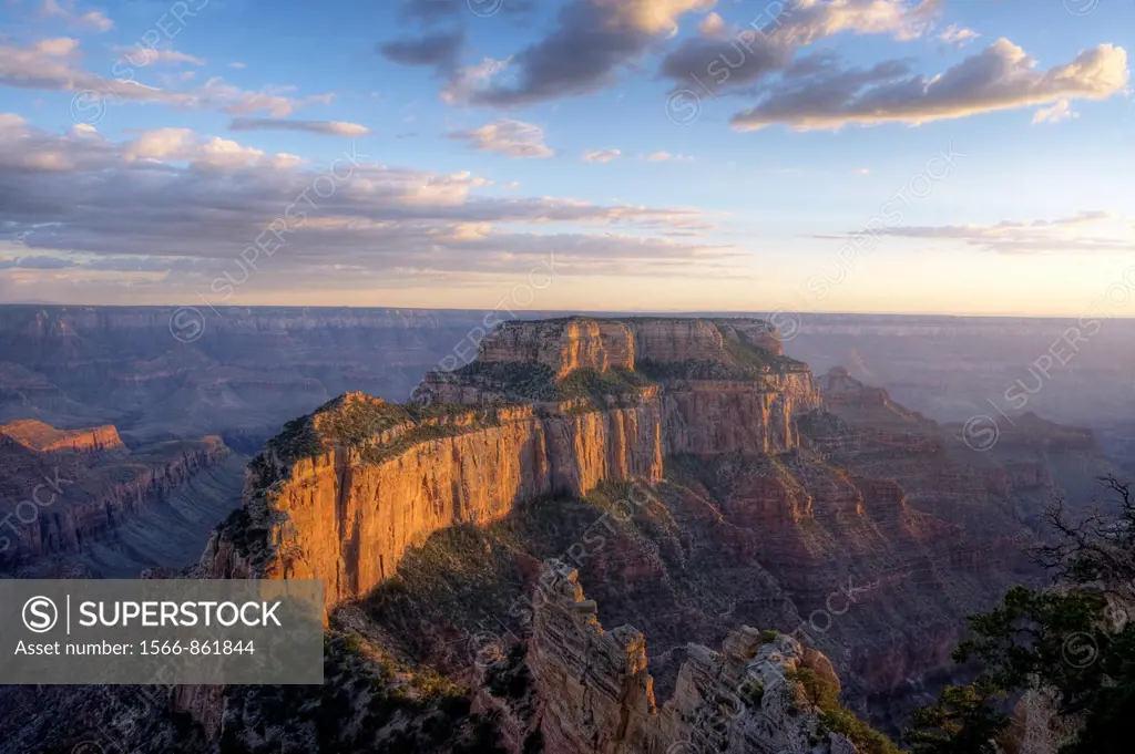 Sunset falls on the North Rim of the Grand Canyon, casting golden hour light on a curving rock formation.