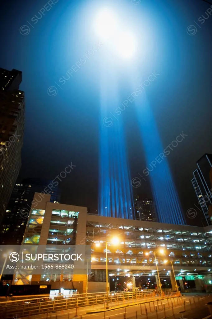 The twin beams of Tribute In Light shoot skyward for the tenth anniversary of the September 11 terrorist attacks in New York, seen on Sunday, Septembe...