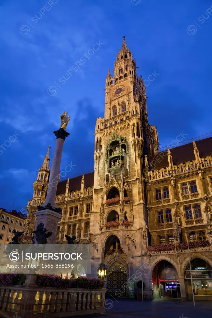 Marienplatz with New City Hall and Marian column at night, Munich, Germany