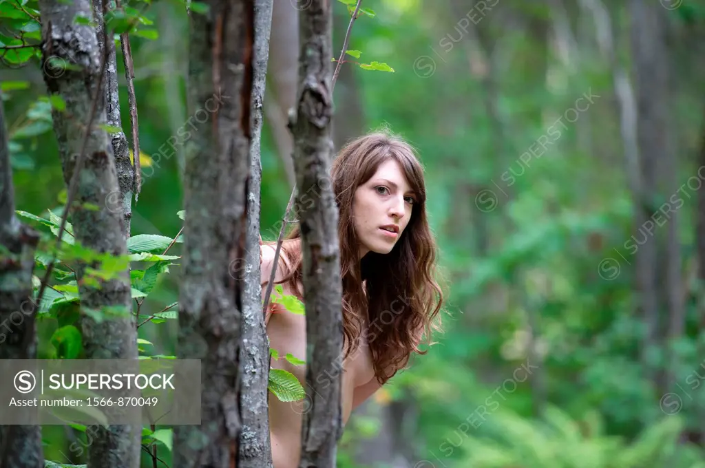Nude Female model peeking from tree in forest near Lewiston Maine USA