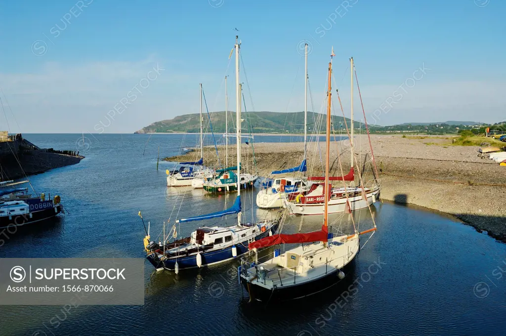 Yachts in the harbour at Porlock Weir in summer, Exmoor National Park, Somerset, England, United Kingdom