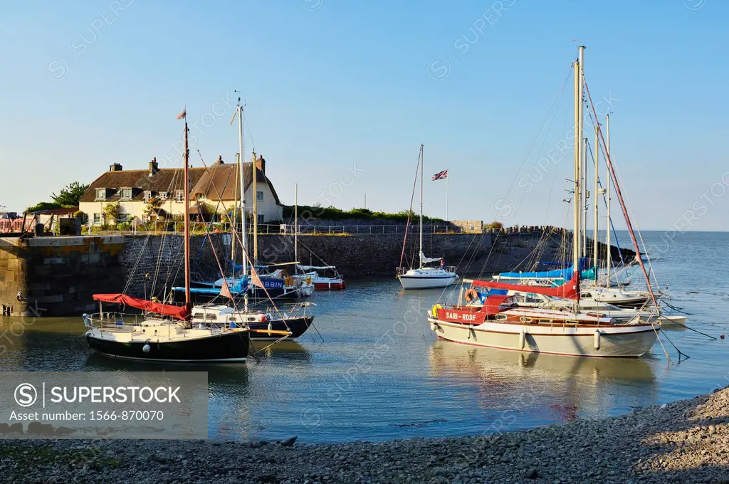 Yachts in the harbour at Porlock Weir in summer, Exmoor National Park, Somerset, England, United Kingdom