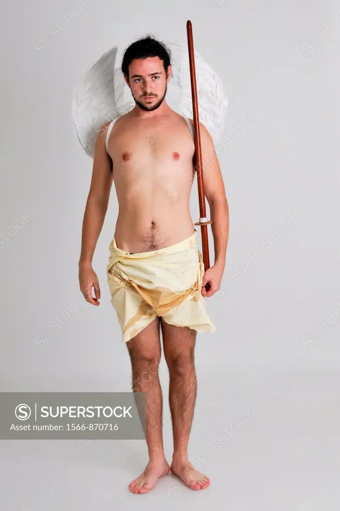 soiled male angel with sword On white Background