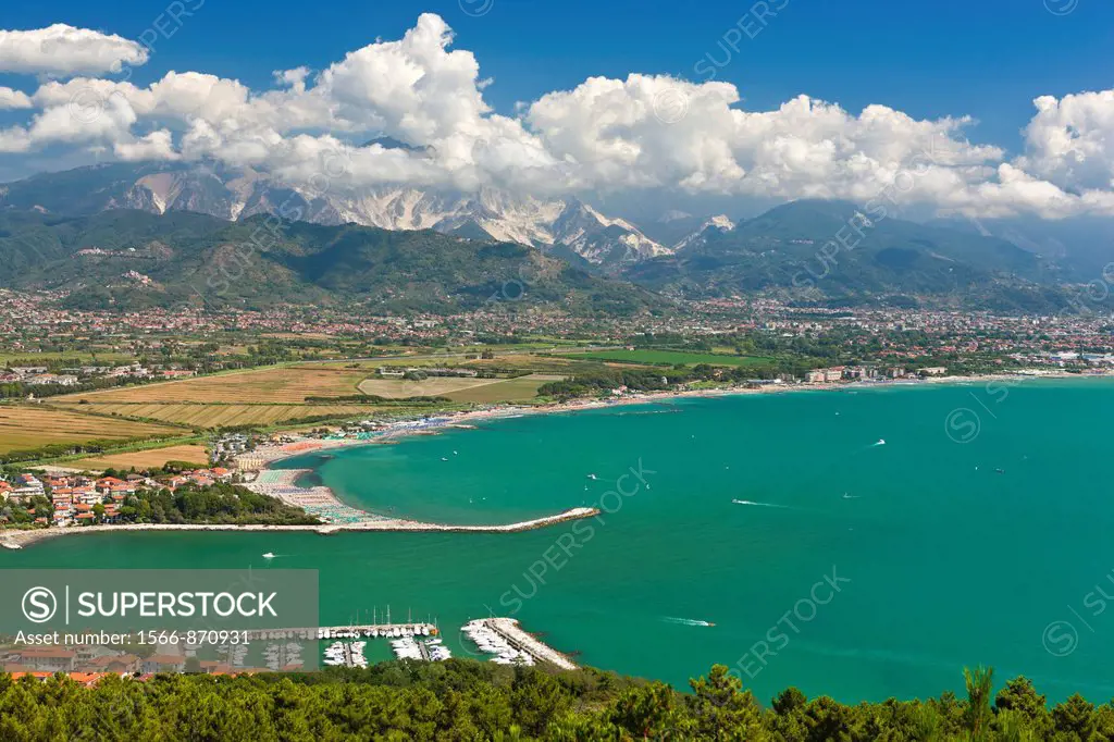 View of the mouth of the Magra River and Apennine Mountains over Carrara Tuscany in the background, Bocca Di Magra, Province La Spezia, Liguria, Italy...