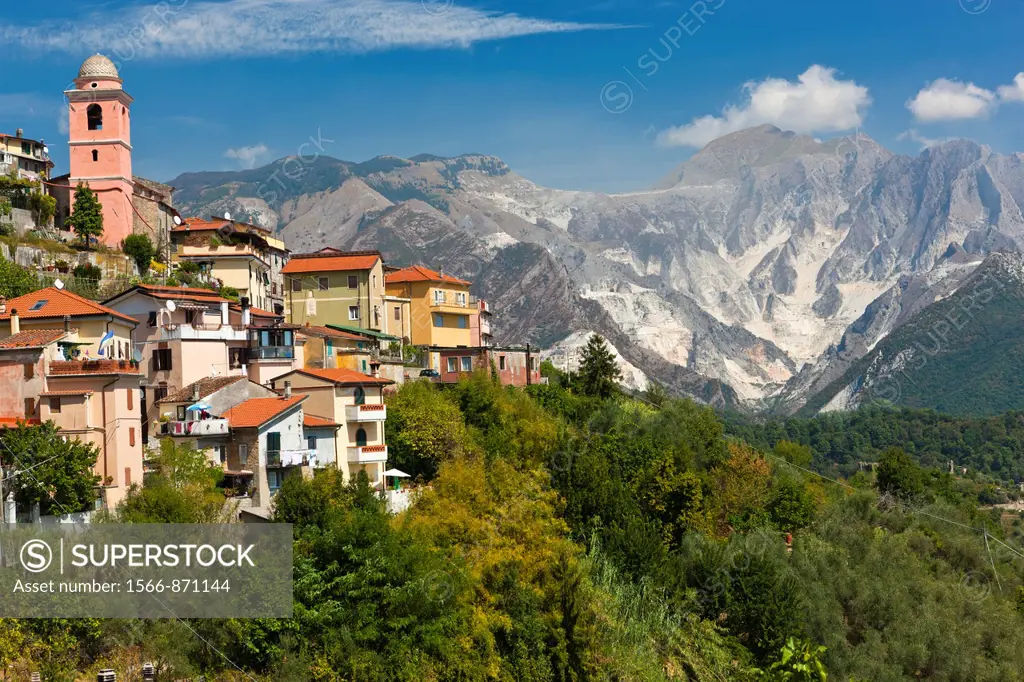 The village of Fontia belongs to the municipality of Carrara with Apennine Mountains over Carrara in the background, Province of Massa-Carrara, Toscan...