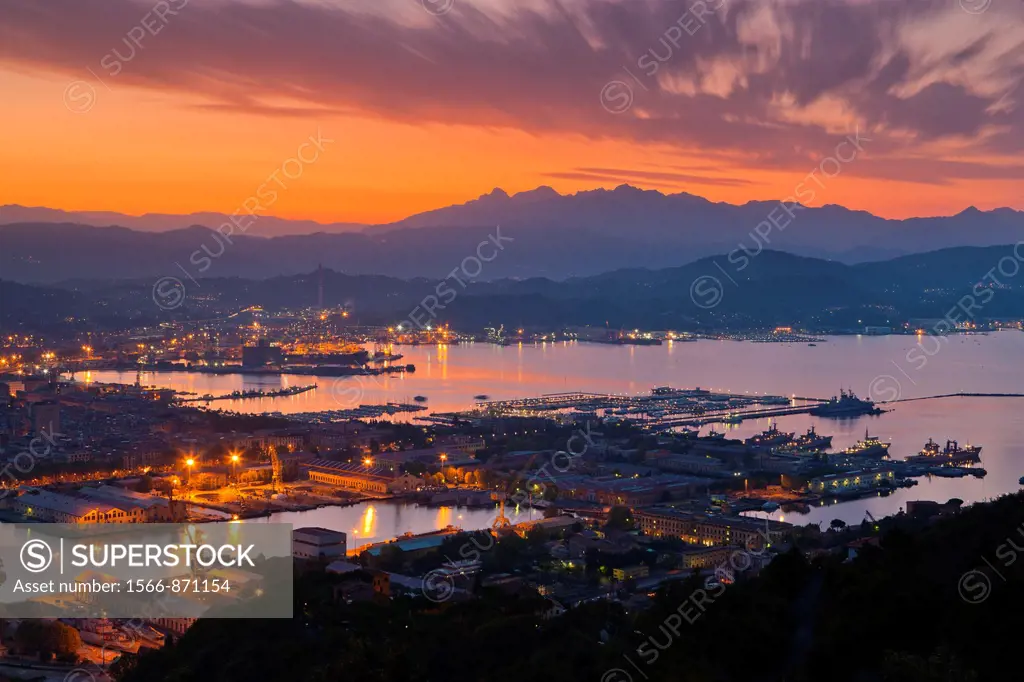 View of Porto della Spezia and Golfo della Spezia from Campiglia village, Province of La Spezia, Liguria, Italy, Europe,