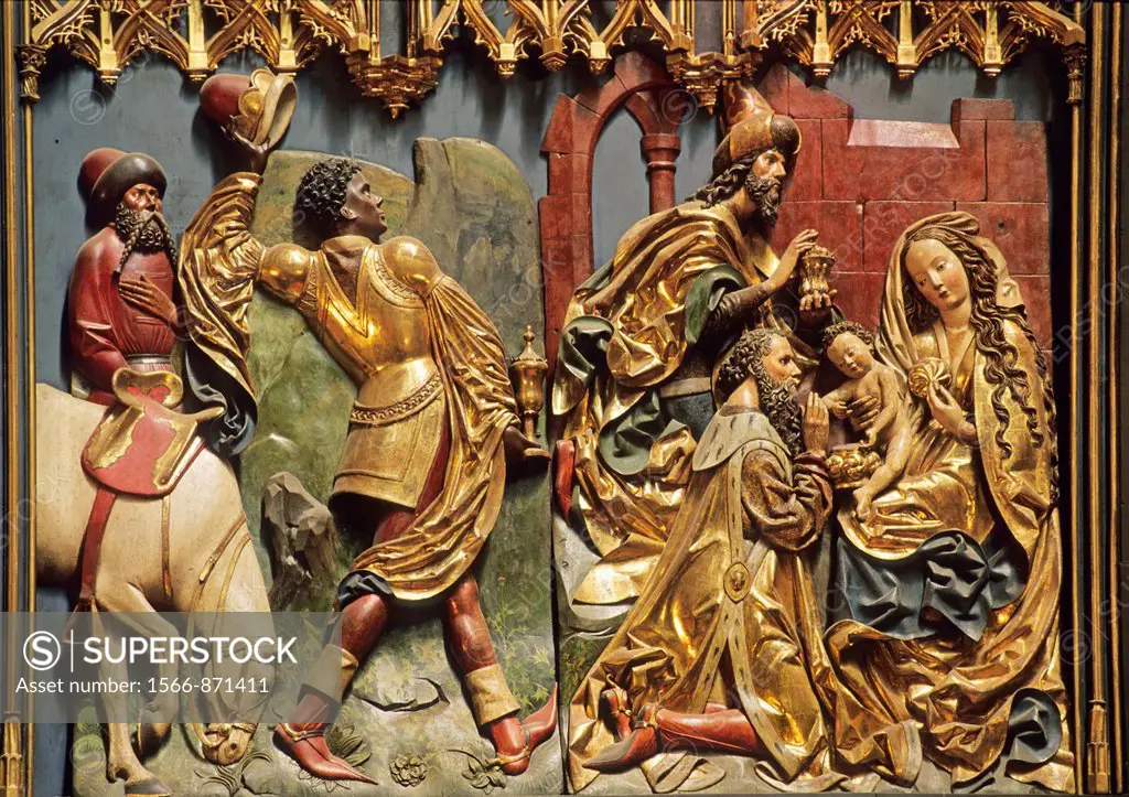 Poland, Krakow, World Heritage Site, St  Mary´s Basilica, Wooden altarpiece carved by Veit Stoss 15th C, Adoration of the magi