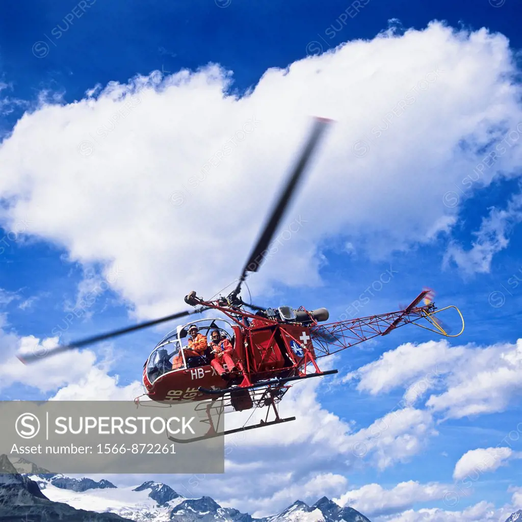 Alouette II, mountain rescue helicopter in flight, Zermatt, canton Valais, Switzerland