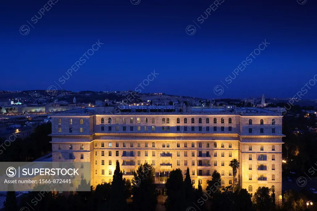 Israel, Jerusalem, New City, elevated city view with King David Hotel, evening