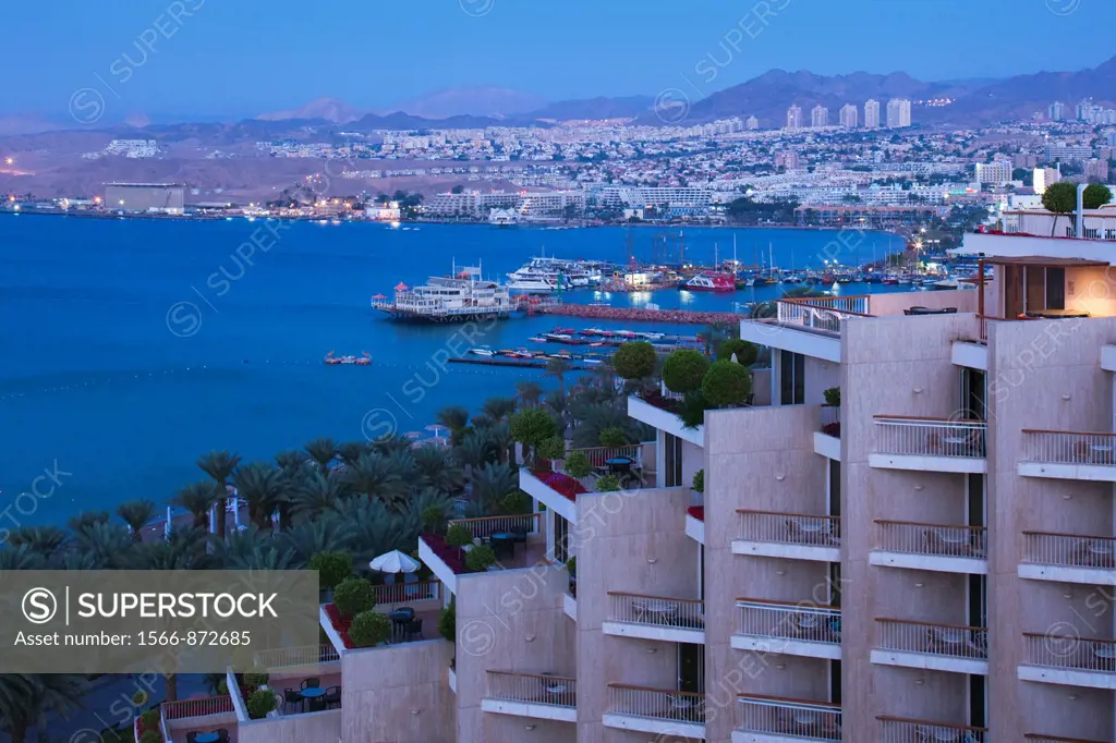 Israel, The Negev, Eilat, elevated view of Red Sea resort, dawn