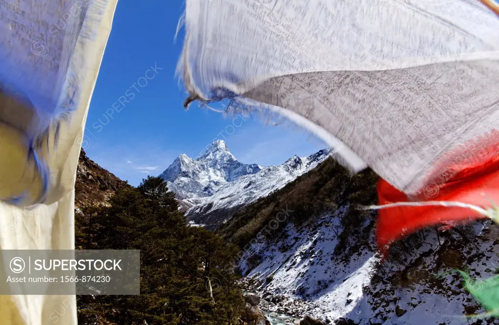 Ama Dadlam mountain and prayer flags, Everest Region, Nepal