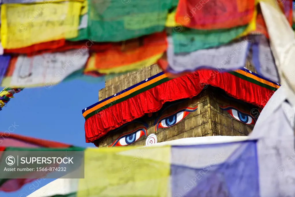 Buddhist stupa and prayer flags at Bodhnath, Kathmandu, Nepal