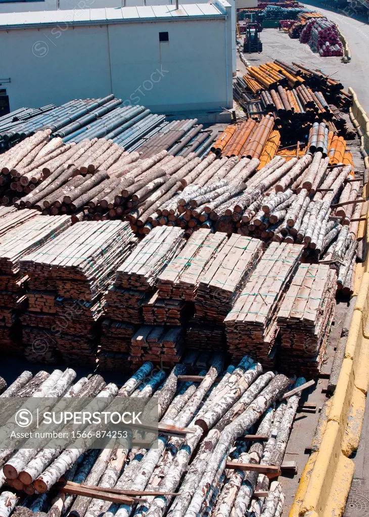 Timber and other raw materials on the dockside at Odessa, Ukraine