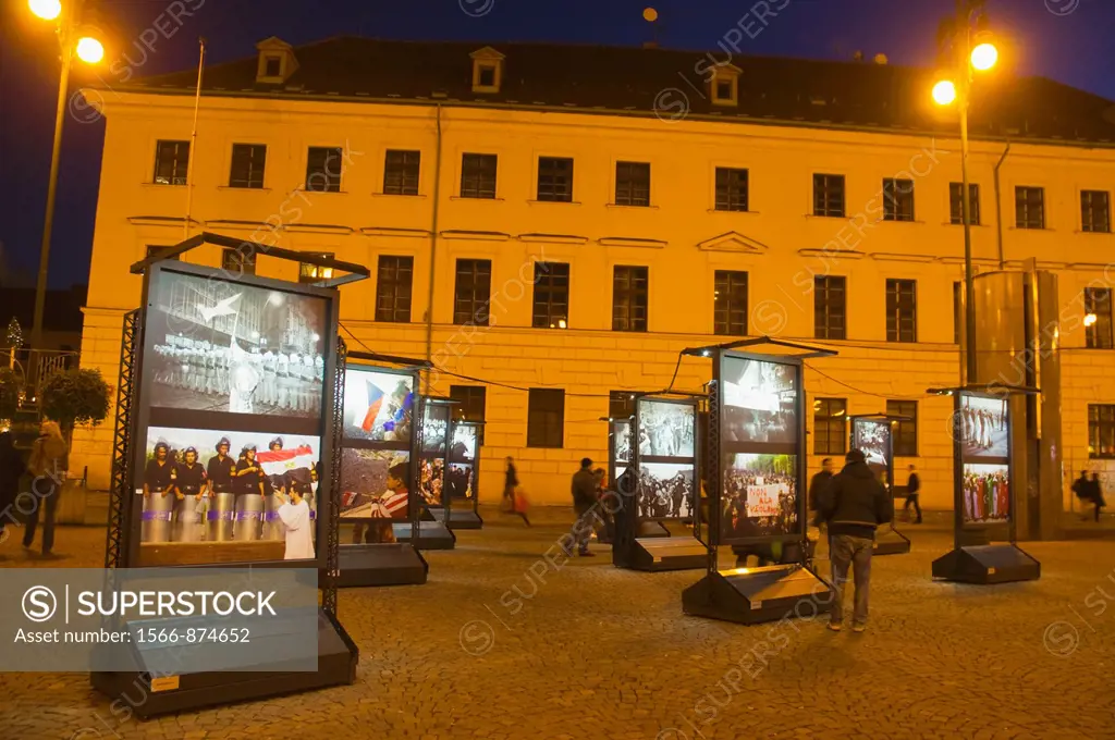 Photo exhibition celebrating the end of Socialist dictatorships 22 years earlier at Namesti Republiky square Prague Czech Republic Europe