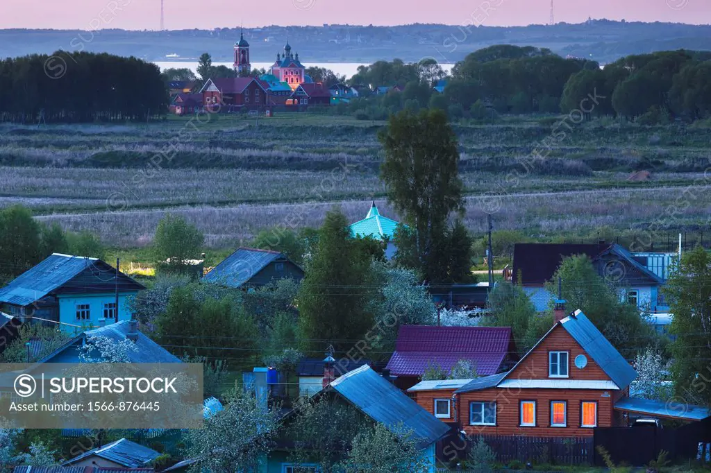 Russia, Yaroslavl Oblast, Golden Ring, Pereslavl-Zalessky, elevated town view from Goritzky Monastery, evening