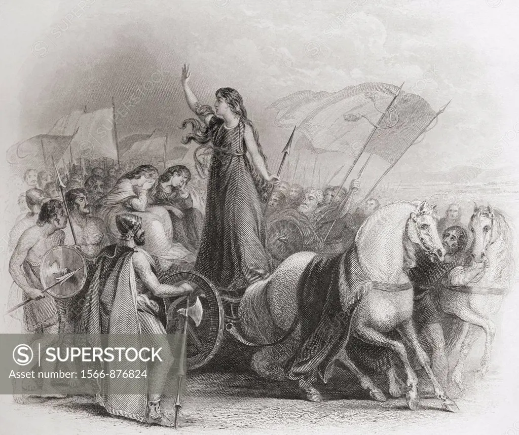 Boadicea Haranguing the Britons  Boudica,  - d  AD 60 or 61  Queen of the British Iceni tribe  From The History of England published 1859