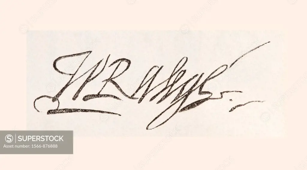 Sir Walter Raleigh circa 1554 to 1618  English adventurer and writer  His signature  From The National and Domestic History of England by William Aubr...
