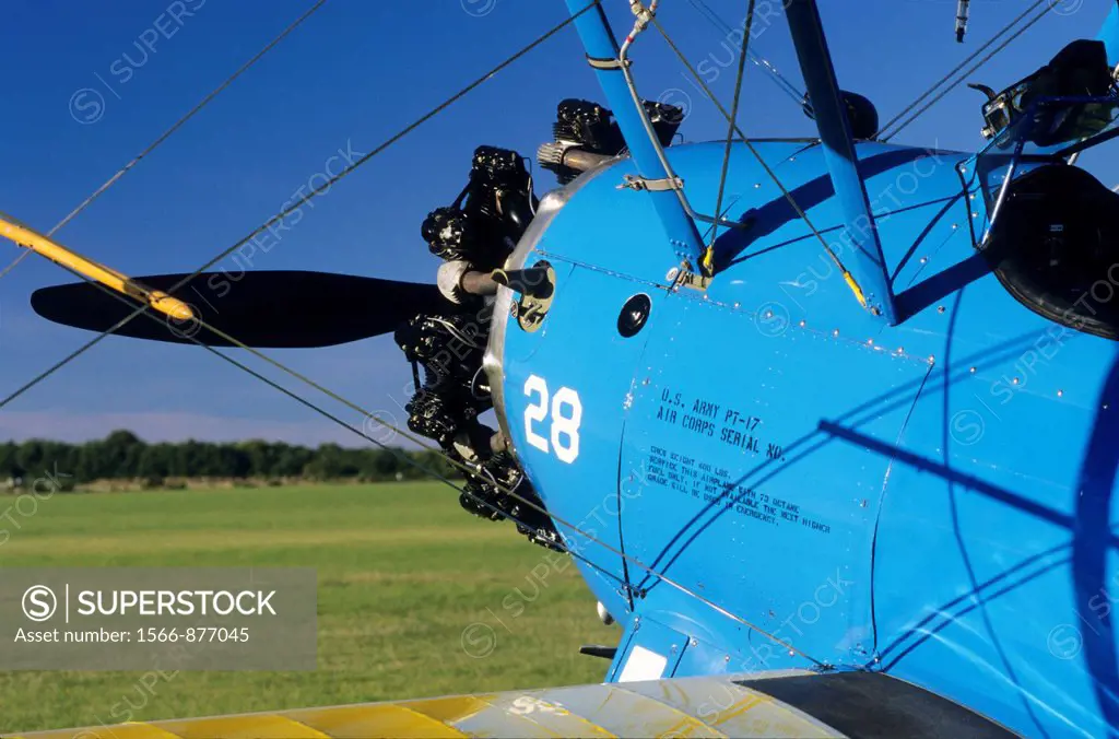Old american Continental R-670-5 radial engine (225 hp) on a trainer biplane Boeing PT-17 Kaydet / Stearman model 75, France