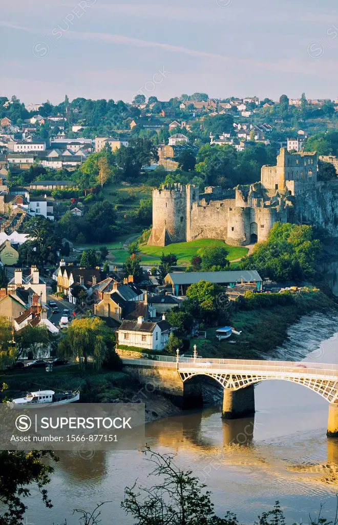 Chepstow Castle and town on the River Wye, Gwent, on the border between England and Wales, UK