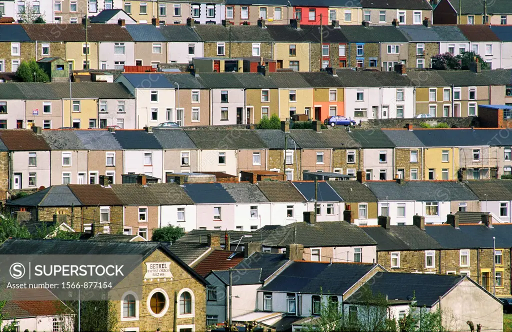 Tredegar town village coal mining community terraced houses and Bethel Baptist Church, Gwent, south Wales, UK