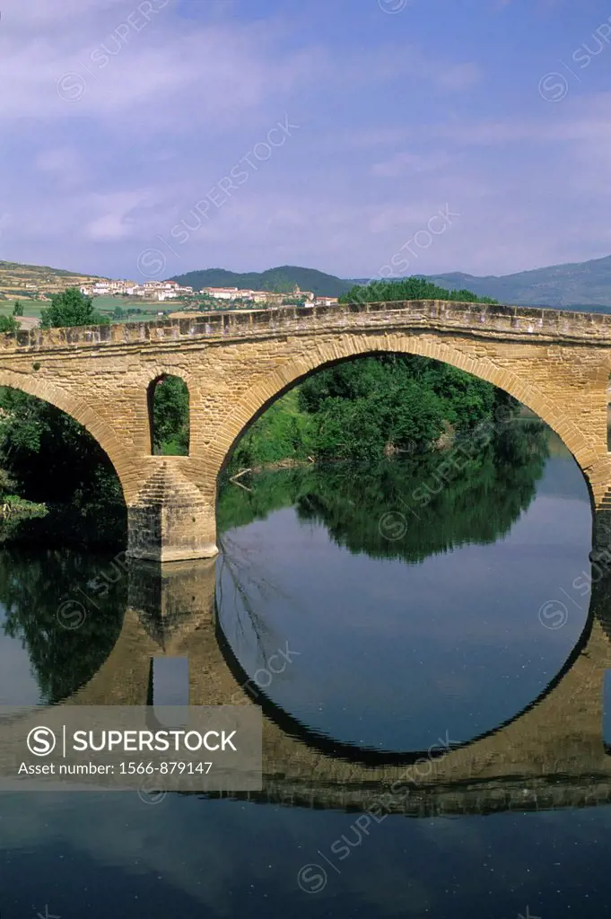 Romanesque bridge over Arga river, located on the Way of St James, Puente La Reina Community of Navarre Spain, Europe