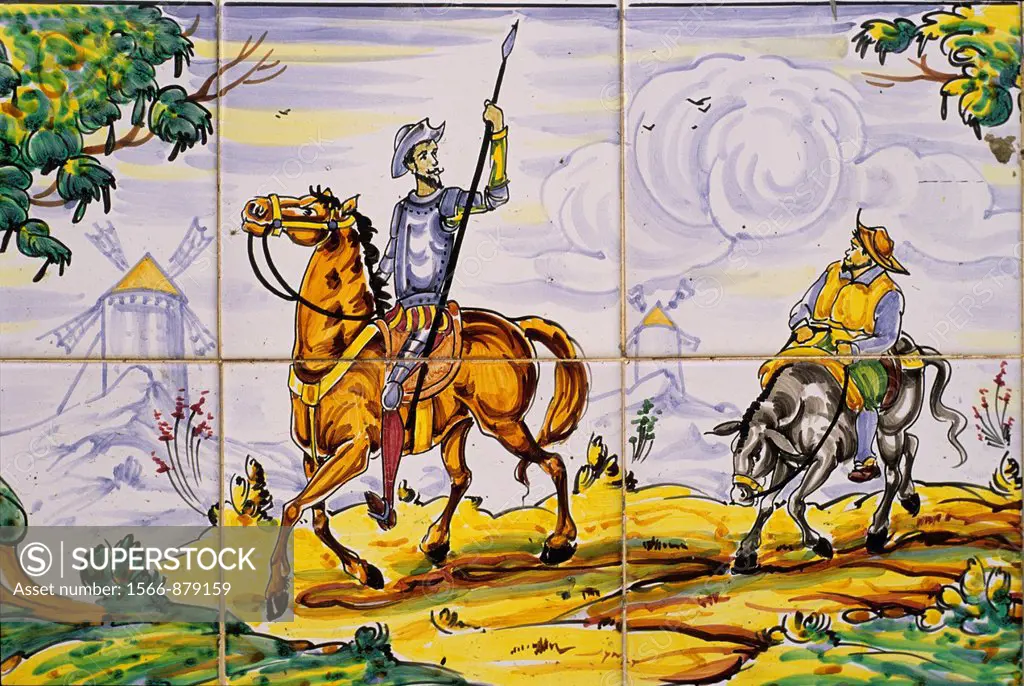 ceramics painting telling an episode of Don Quixote novel, Argamasilla de Alba, Province of Ciudad Real, autonomous community Castile-La Mancha, Spain...