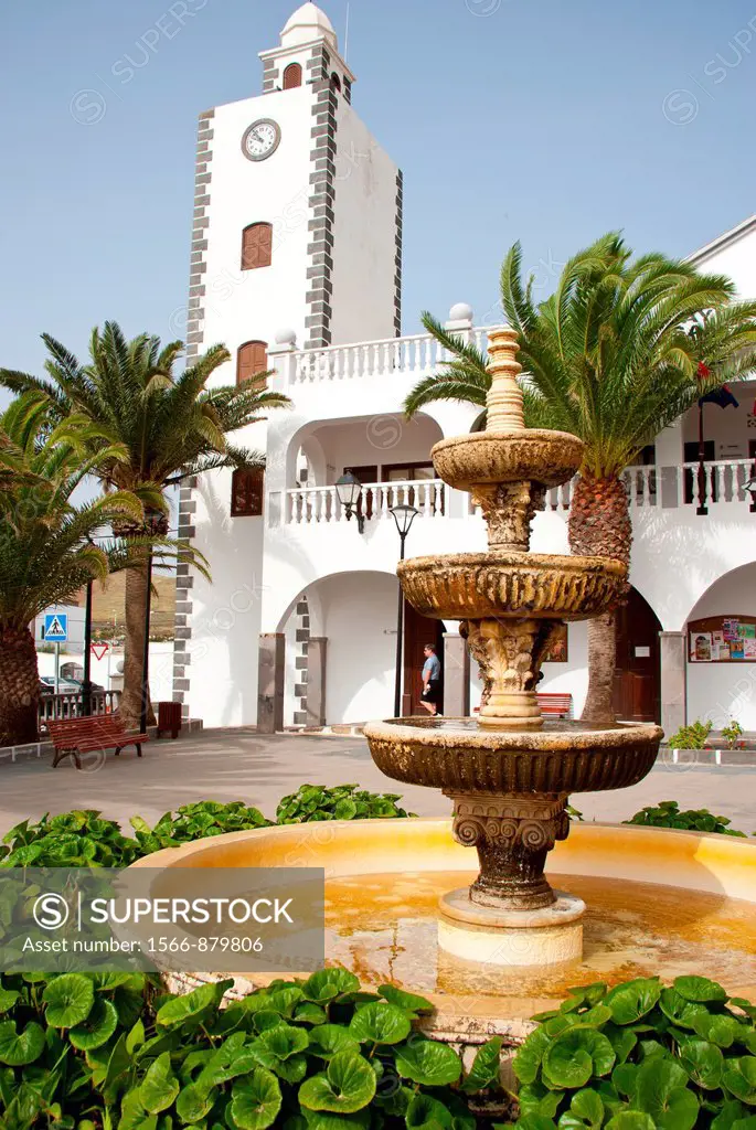 Clock tower and main square in the village of San Bartolome, Lanzarote, Canary Islands, Spain