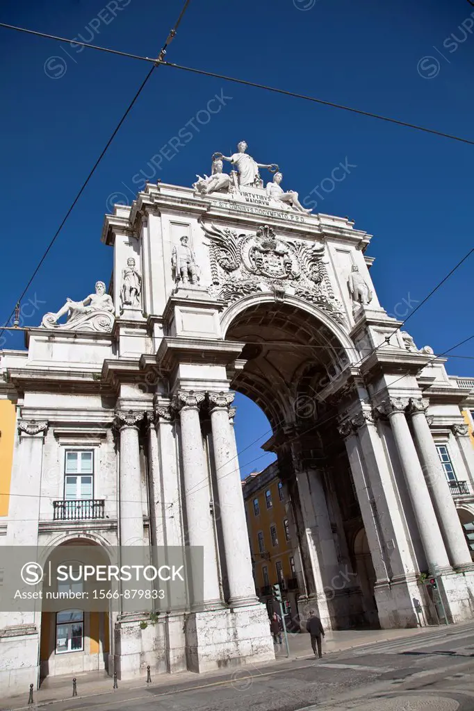 Triumphal Arch on Praça do comercio, commerce square, near Tajus river, Baixa district, Lisbon, Portugal, Europe