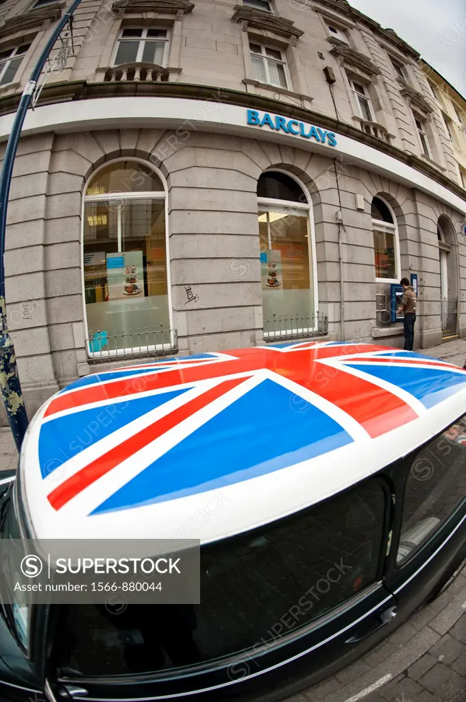 Barclays Bank, mini car with union jack flag painted on its roof, UK