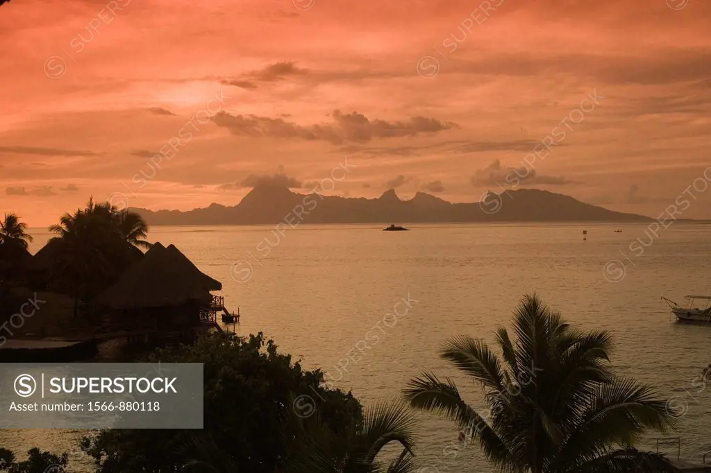 Sunset, Moorea seen from Beachcomber Resort, Papeete, Tahiti, French Polynesia