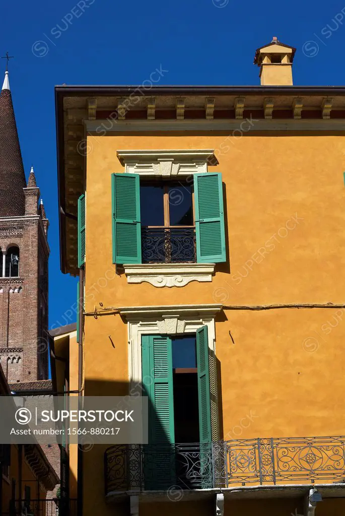 windows, balcony and church tower, Verona, Italy