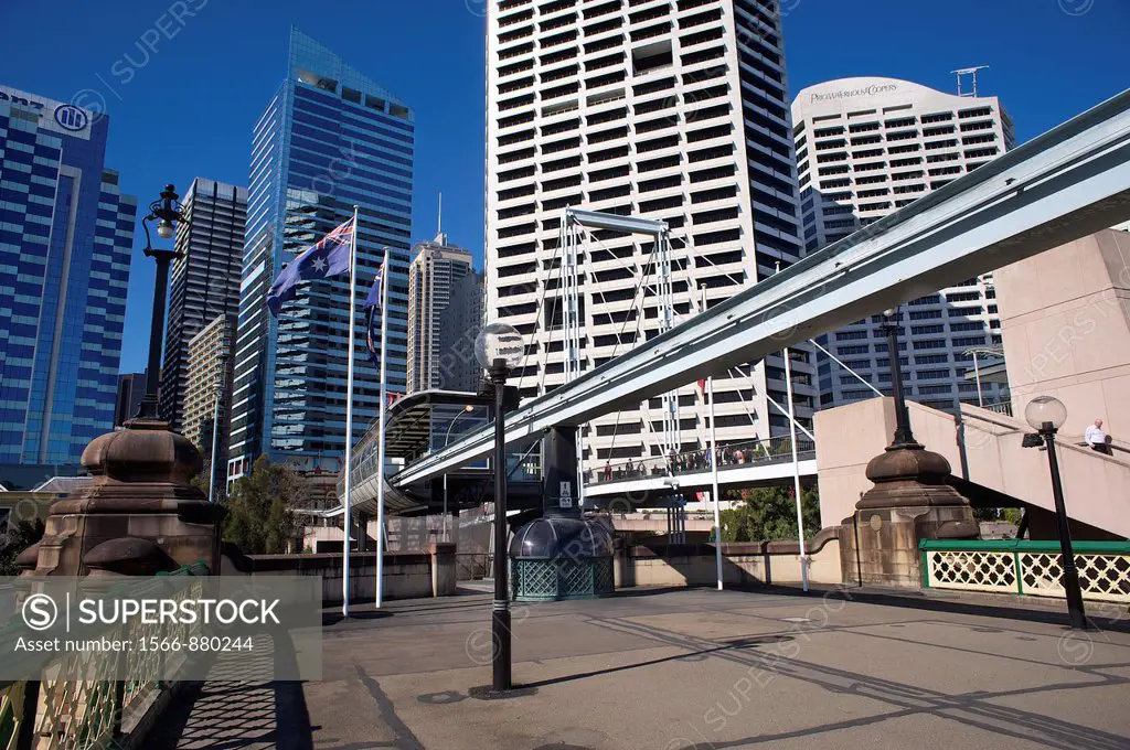 Market Street end of Pyrmont Bridge with Sydney skyline