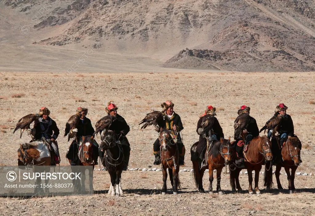 Kazakh eagle hunters and their golden eagles in the Altai Region of Bayan-Ölgii in Western Mongolia