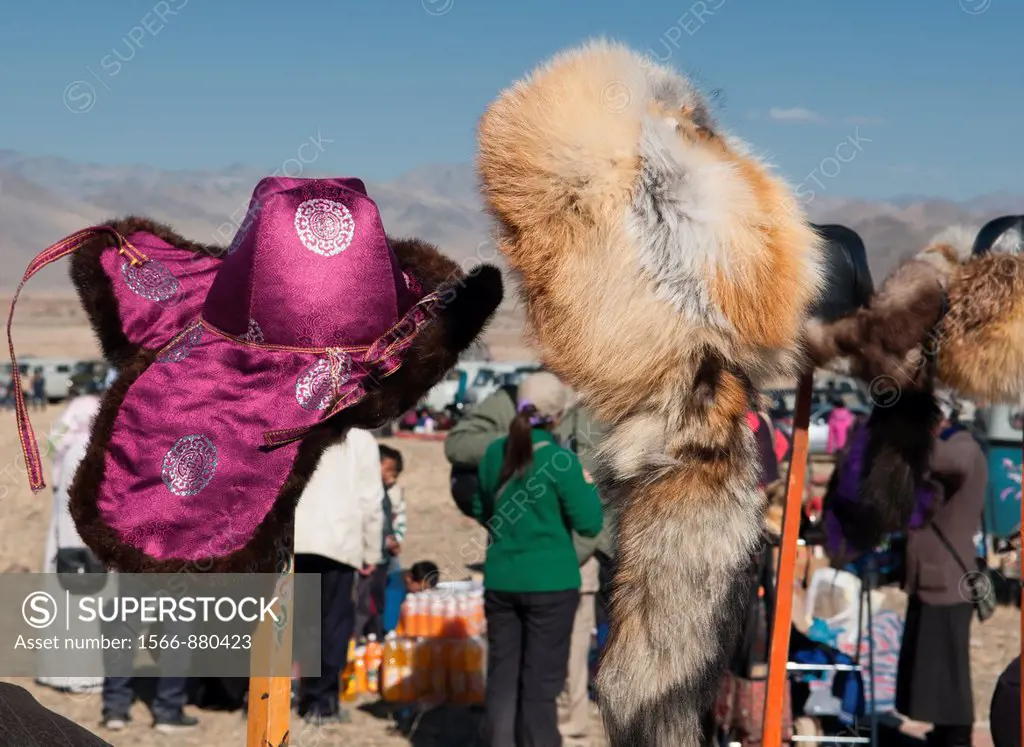 fur hats for sale at the Eagle Festival in Bayan-Ölgii in Western Mongolia
